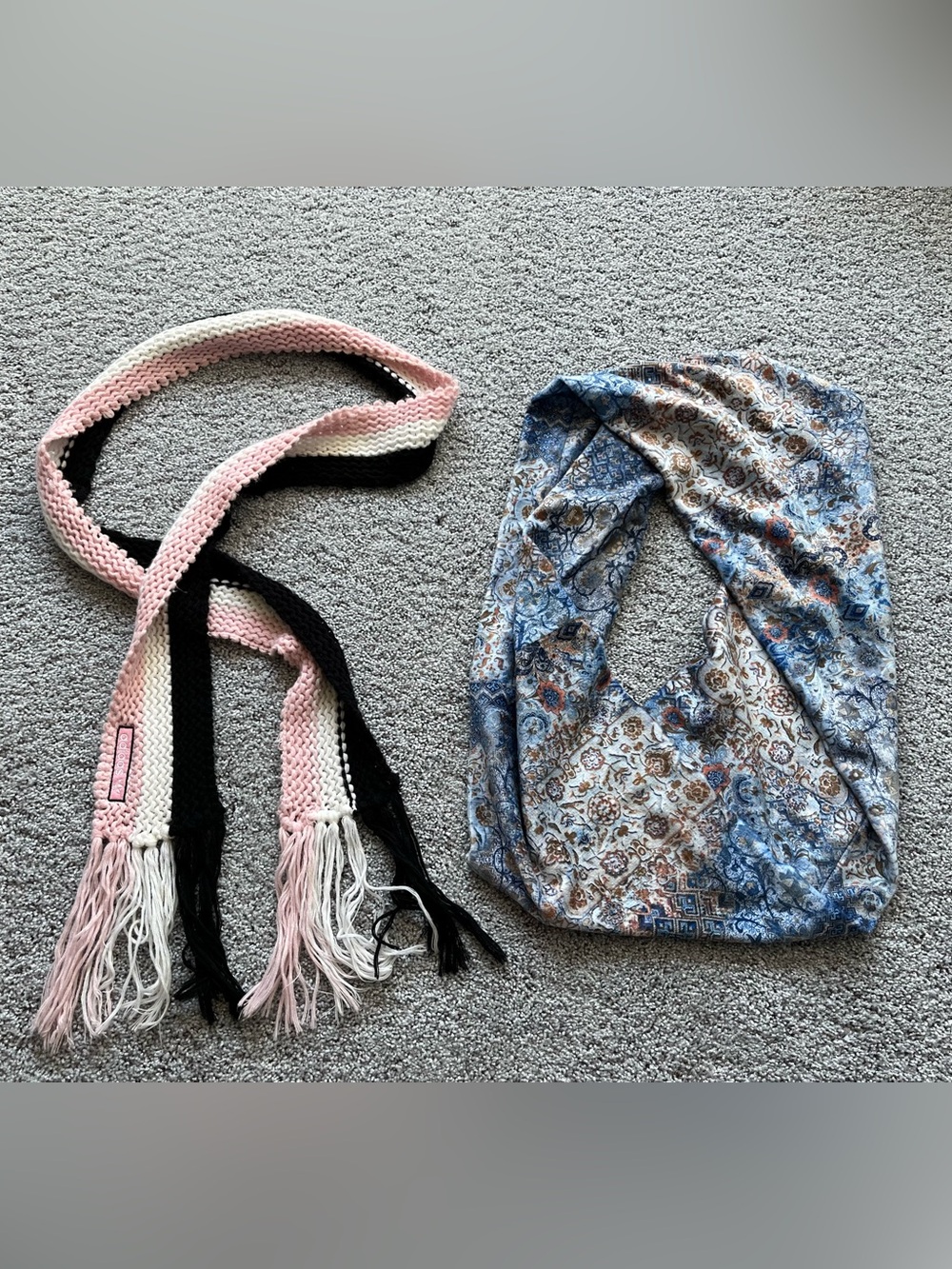 Pink, White & Black Knit Scarf + Blue Paisley Tote Set